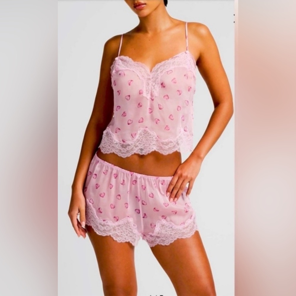 100% Silk SKIMS Pink Heart Print Lace Chemise Set